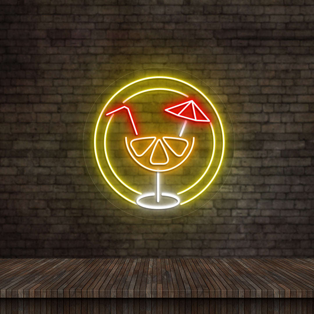 Lounge wall with "Aperol" LED neon sign glowing yellow.