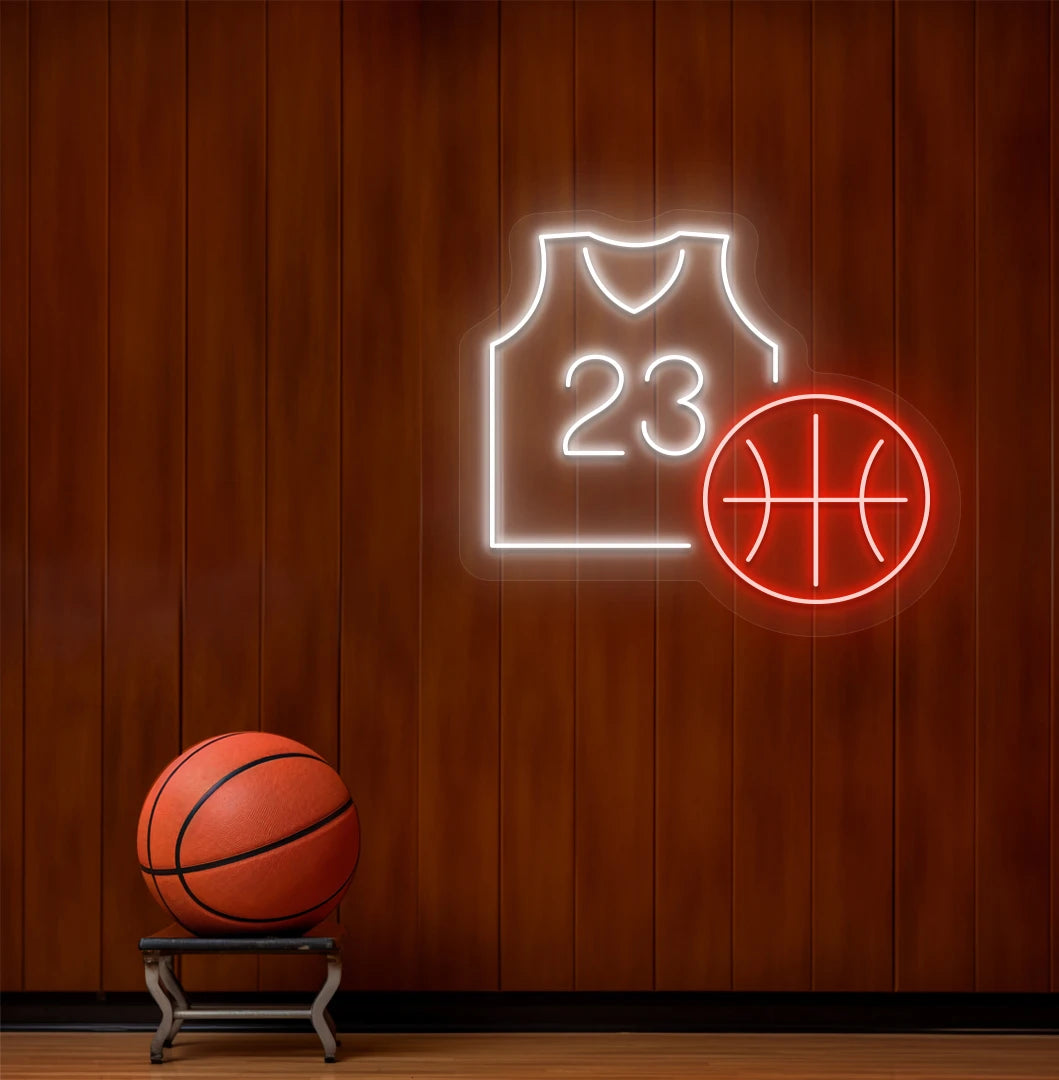 image of a basketball with a jersey neon sign above the ball on a dressing room wall in white color.