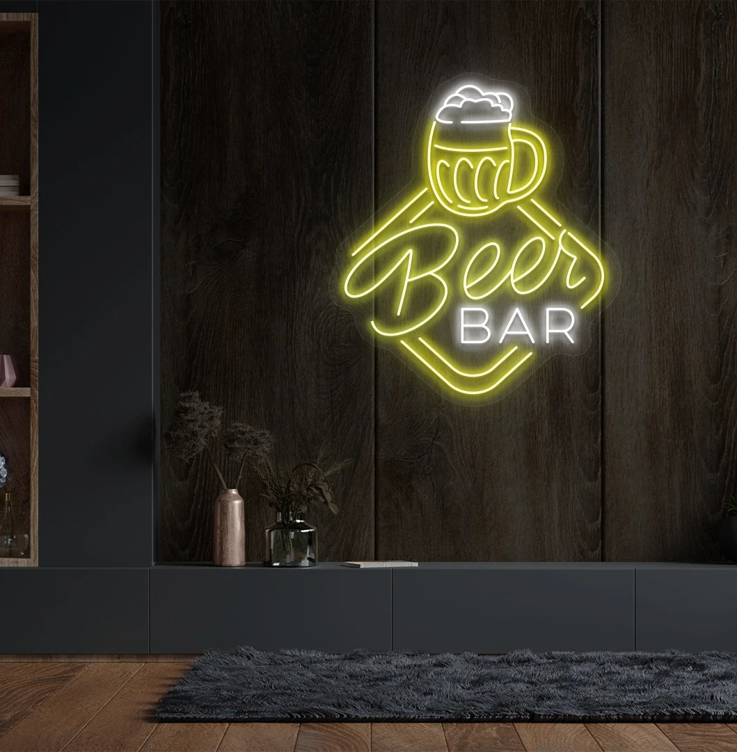 Trendy beer bar neon sign in yellow glowing on aesthetic wall.