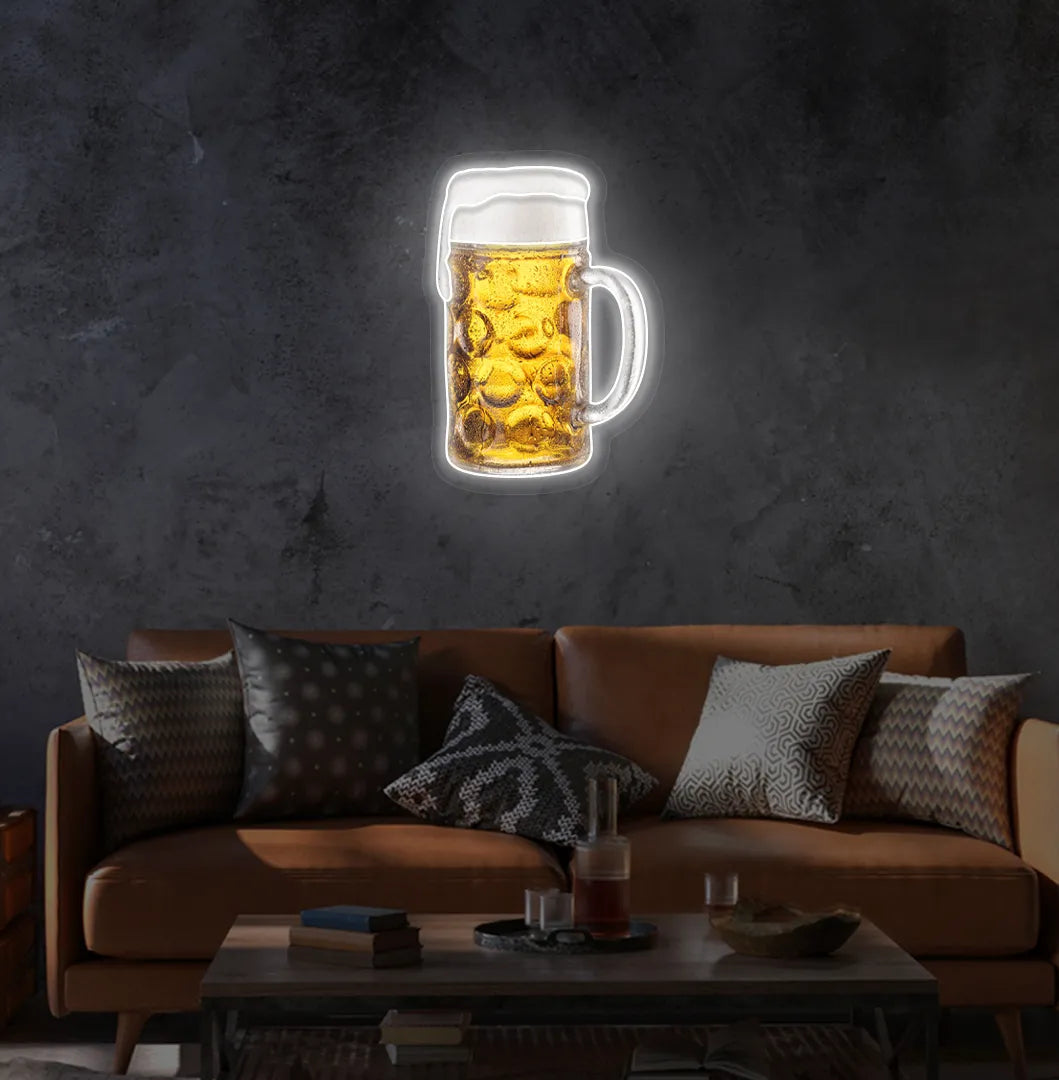 Beer Cup LED neon sign with white glow mounted on wall.