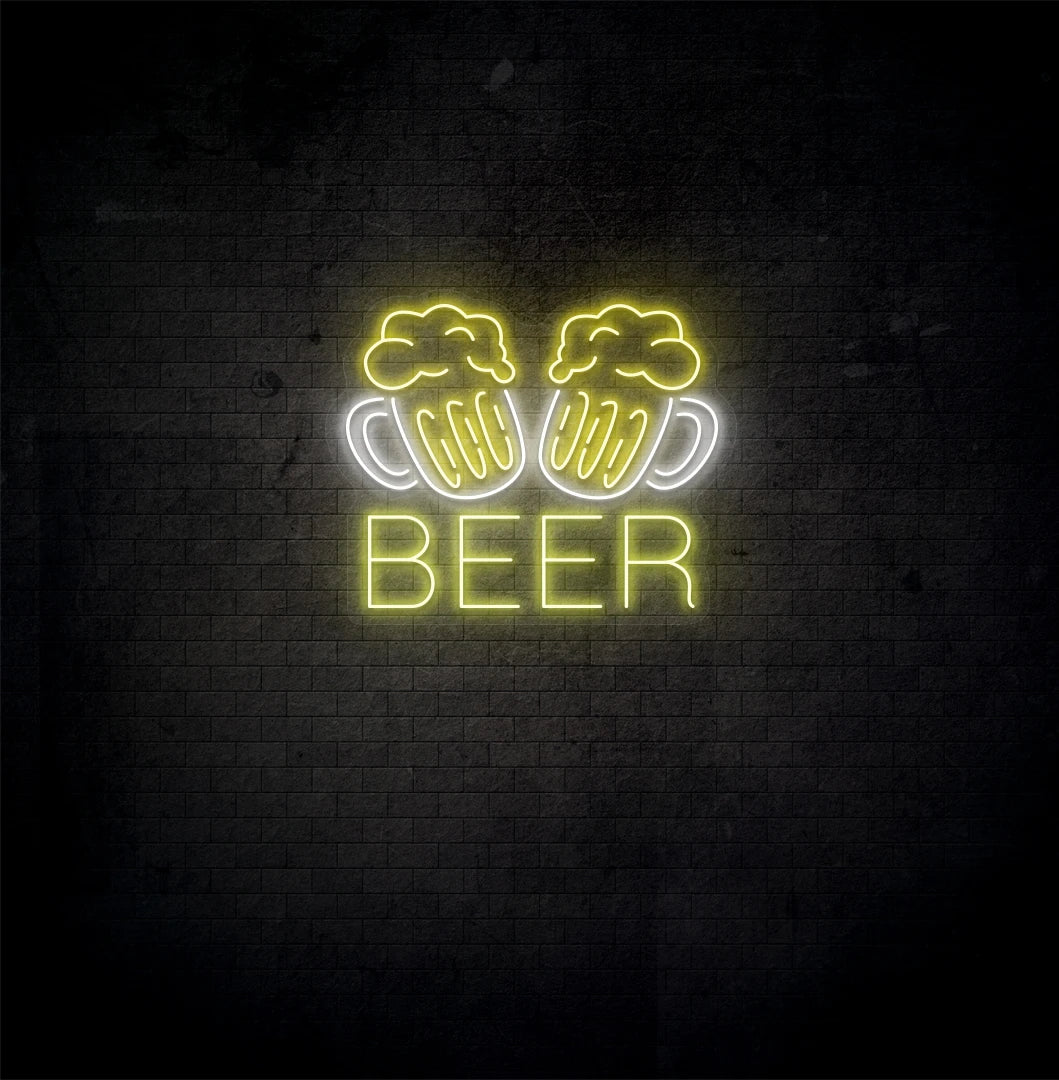 Modern aesthetic wall with beer cups neon sign glowing yellow.