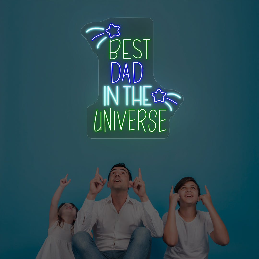 Stylish multicolor best dad in the universe neon sing mounted on wall.