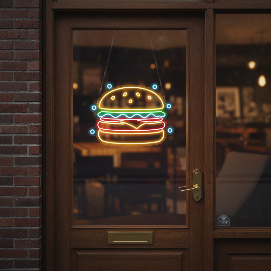 Image of a burger bite neon sign with a colorful design hanging on a shop door.