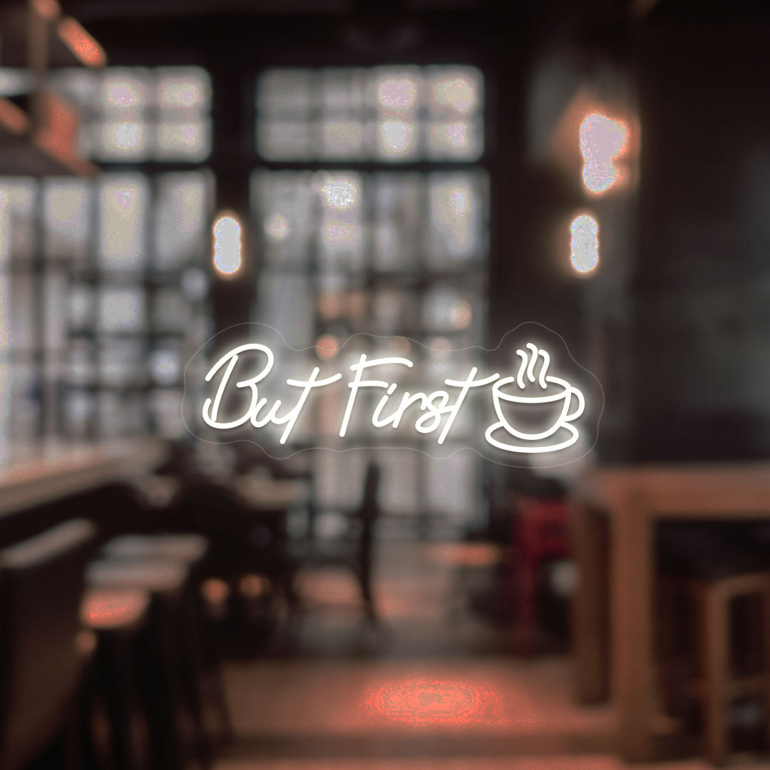 Stylish warm white LED, but first neon sign with coffee cup mounted on cafe door. Perfect for café entrances & doors, coffee shops, restaurant displays, and home coffee corners.