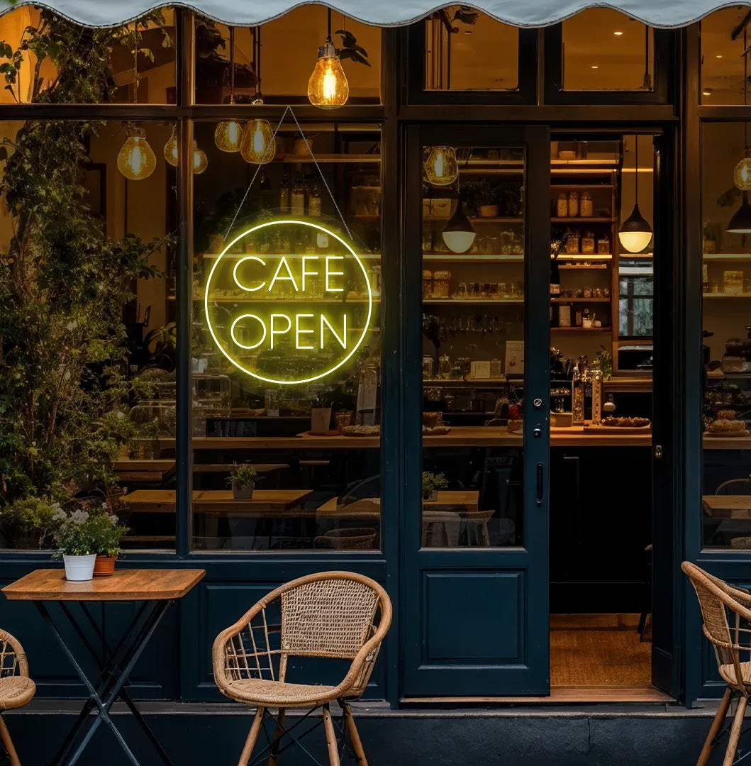 Yellow cafe open in circle LED neon sign for coffee shop wall setup.