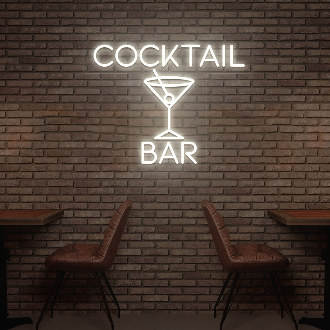 Image of a cocktail bar LED neon sign with a cocktail glass glowing on the bar wall in warm white color.