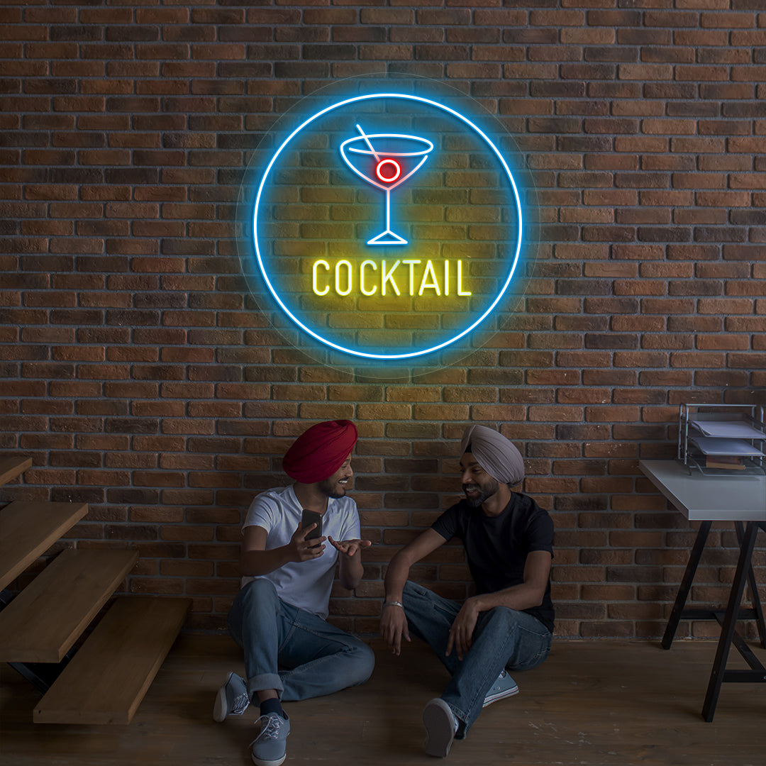 Image of a cocktail circle bar neon sign with cocktail glass glowing on wall in yellow color