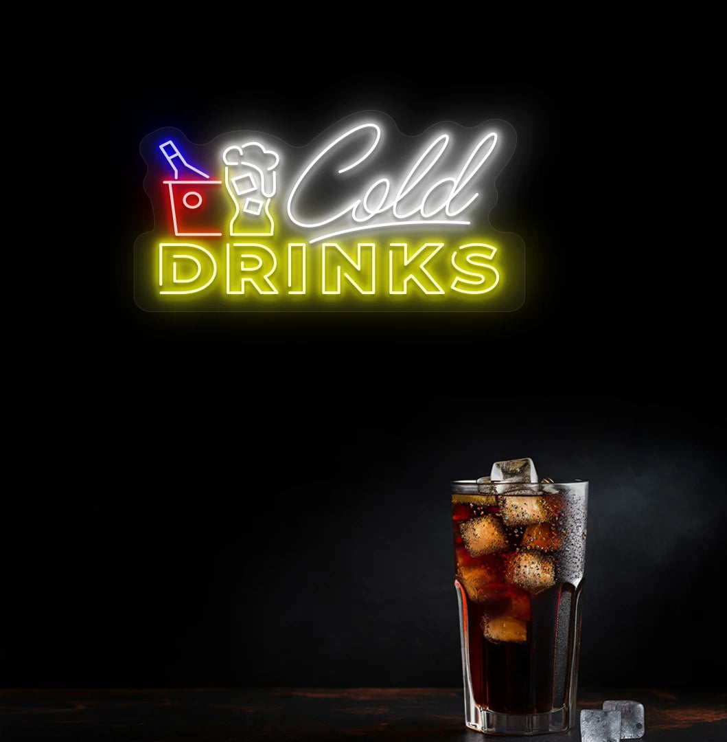 Image of a stylish cold drinks neon light mounted on wall in yellow.