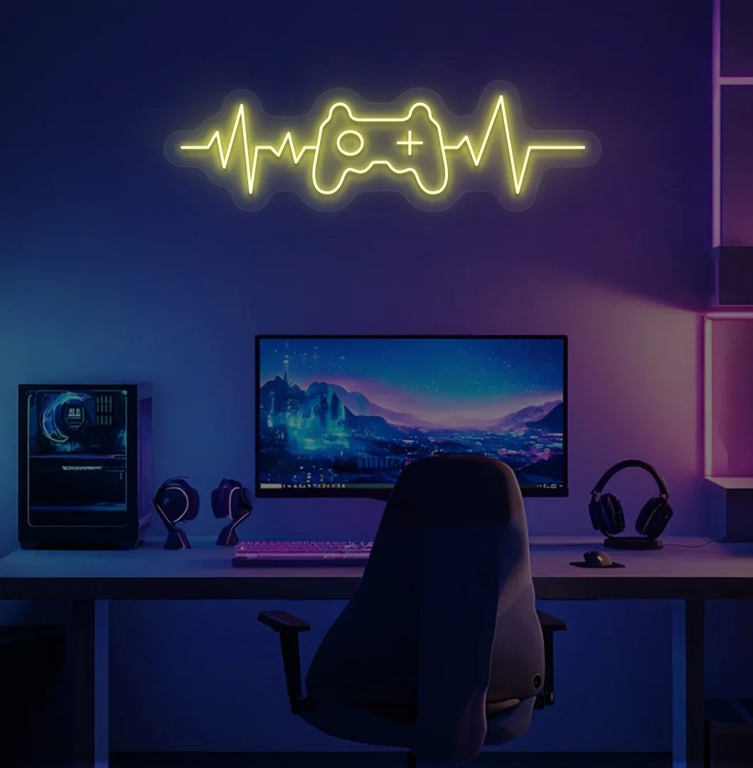 Yellow controller with heartbeat LED neon sign for esports room decor