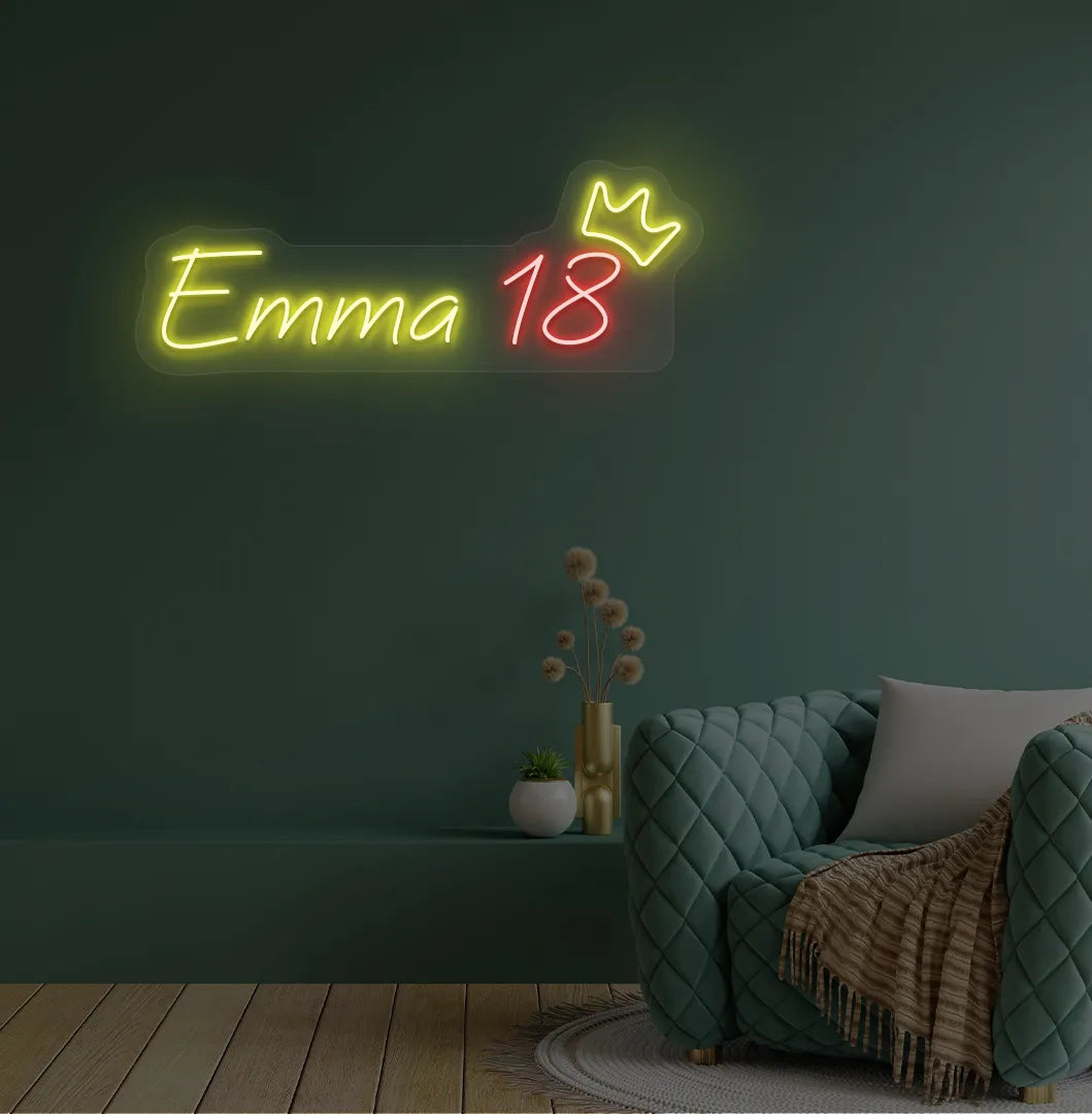 Personalized birthday name and age neon sign mounted on modern party backdrop wall in yellow color.