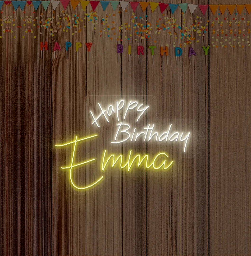 Personalized Happy Birthday Name neon sign mounted on modern birthday party backdrop wall in yellow color.