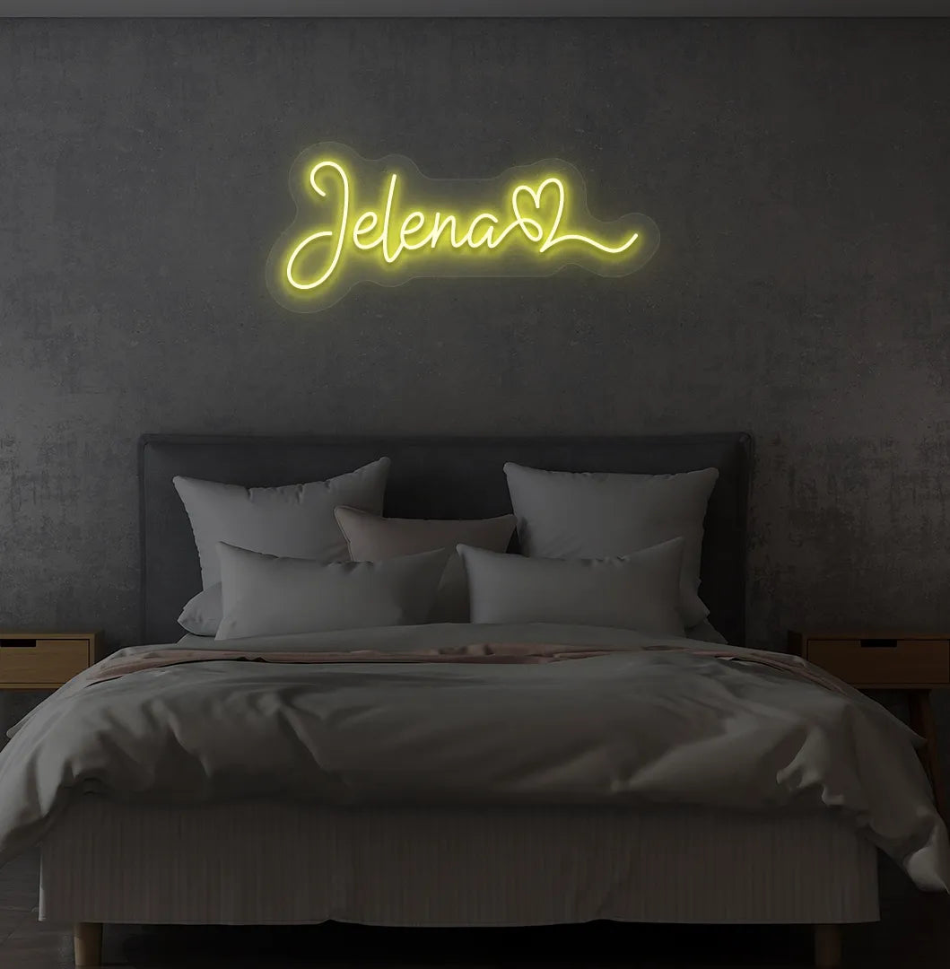 Yellow LED personalized Name with Heart neon sign for bedroom wall.