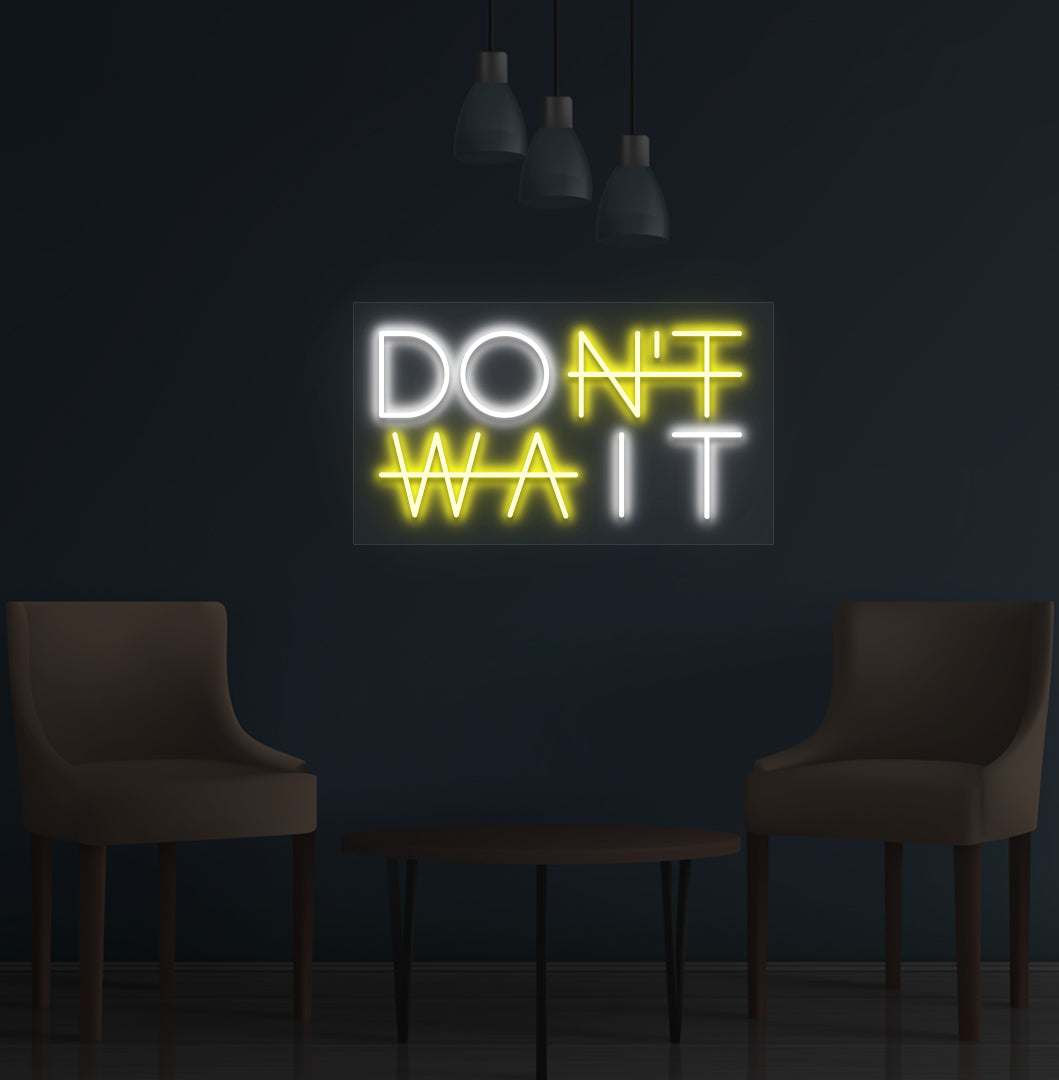 A stylish yellow LED "Don't Wait" neon sign is glowing on the wall. Perfect for home offices, study rooms, gyms, and creative studios.