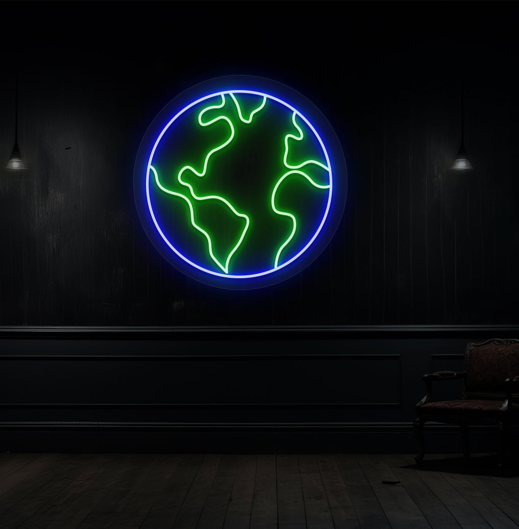 Image of an earth LED neon sign glowing on a wall in green and blue colors.