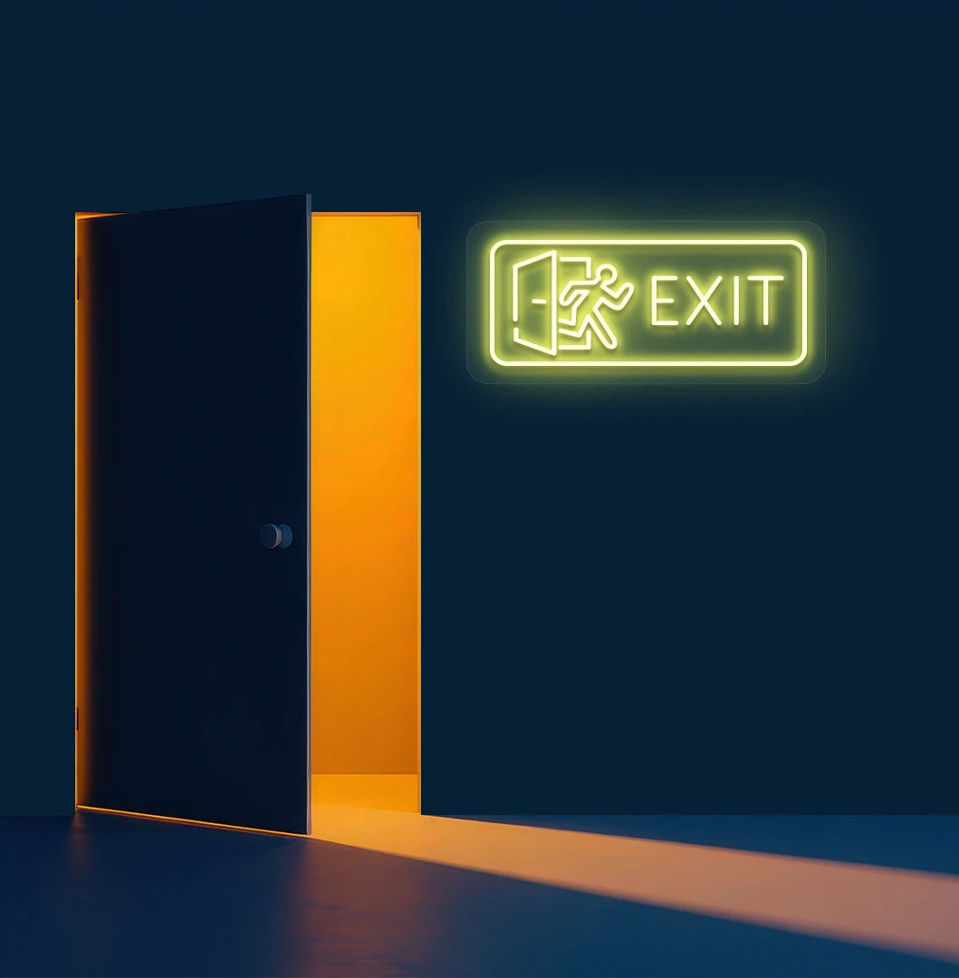 Modern wall decor with exit neon sign and running man glowing yellow.