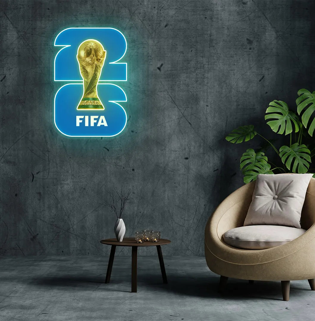 "FIFA World Cup Trophy 2026" neon sign mounted on aesthetic wall in yellow color.