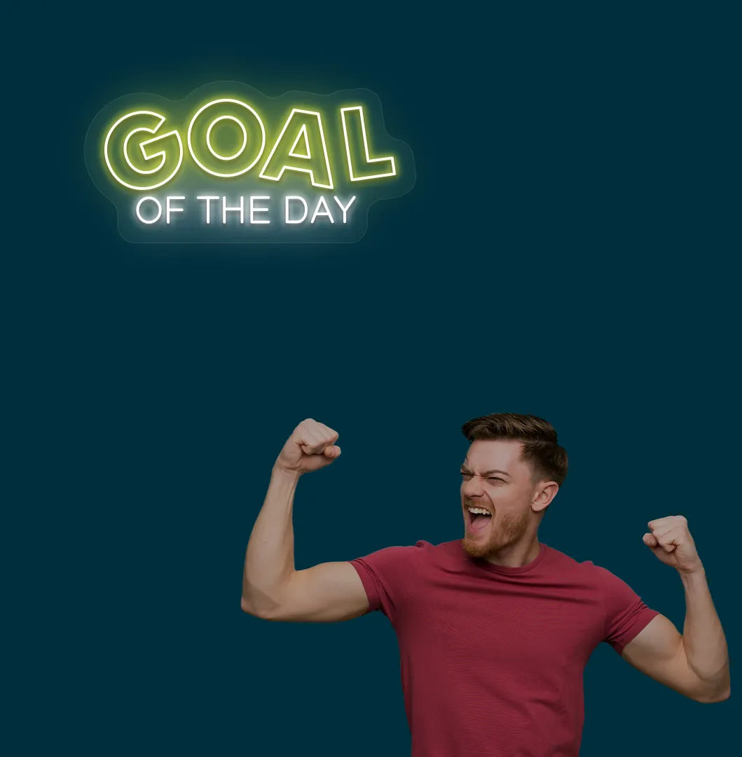 Trendy football quote neon sign mounted on aesthetic room wall in yellow color.