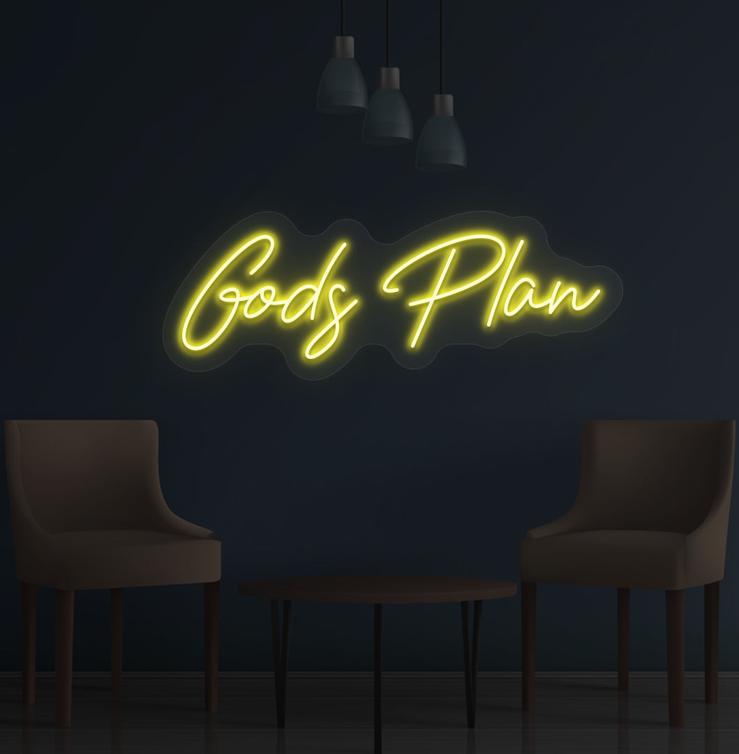 Stylish yellow LED God's Plan neon sign mounted on wall. Perfect for bedrooms, meditation spaces, offices, and inspirational setups.