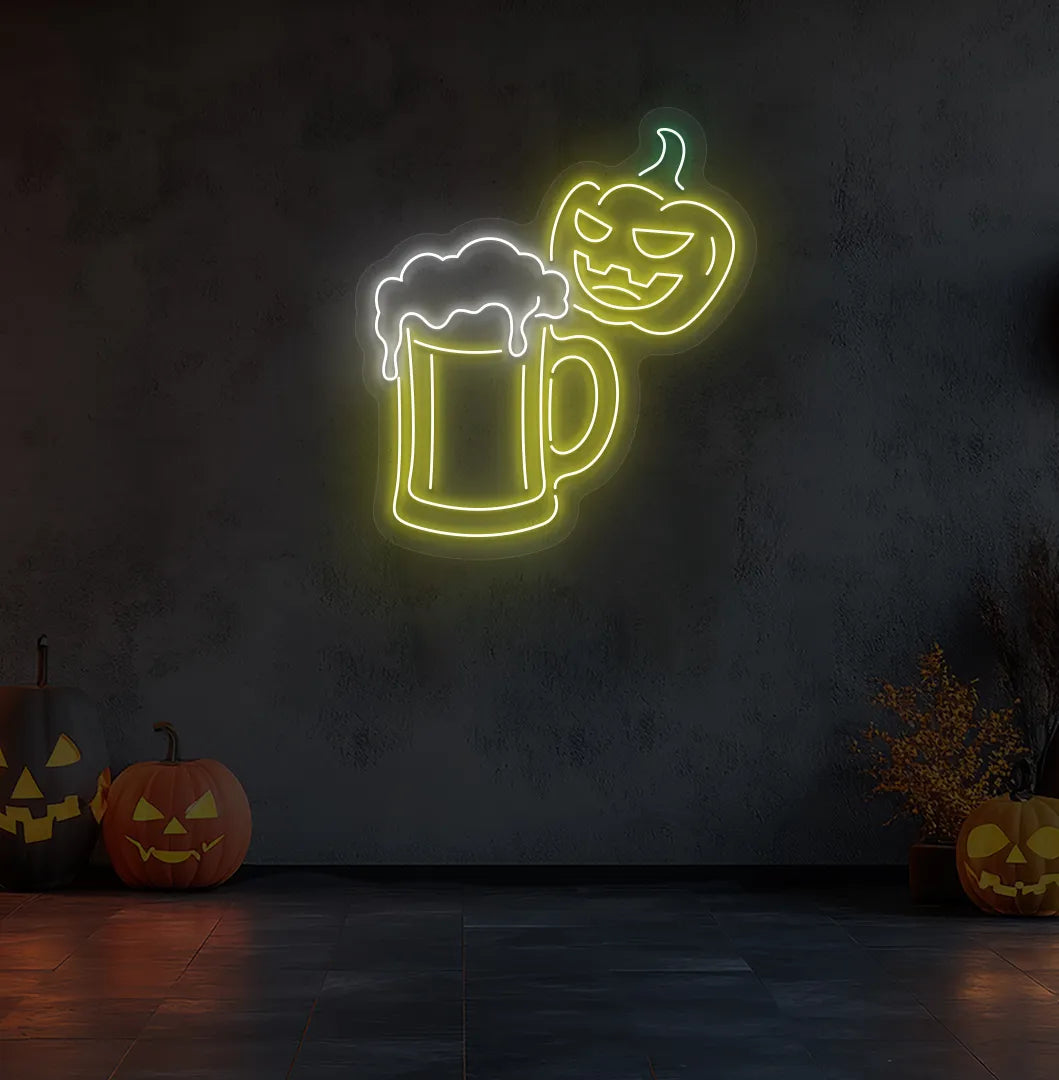 Glowing yellow Halloween Beer LED neon sign mounted on Halloween wall decoration.