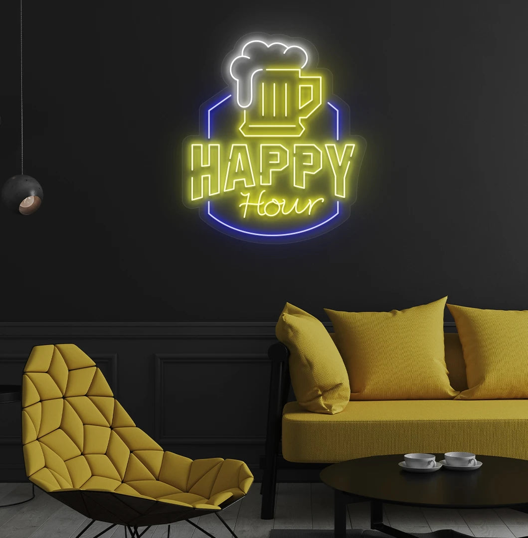 Image of a happy hour neon sign glowing yellow on aesthetic wall.