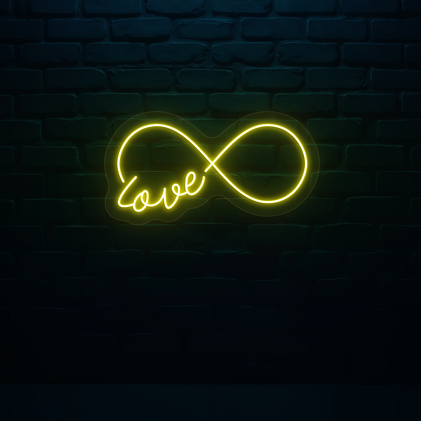 Stylish yellow LED "infinity love" neon sign mounted on wall.