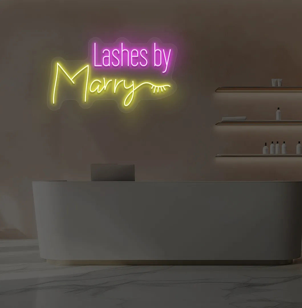 Yellow LED personalized Lashes by Custom Name neon sign for salon wall.