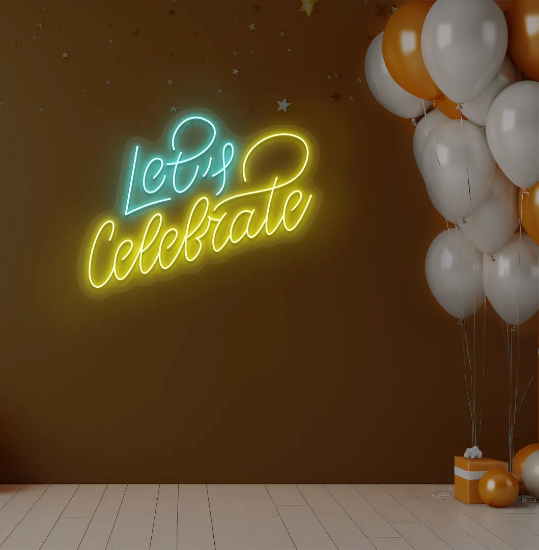 Party-themed Let's Celebrate neon sign mounted on modern event wall in yellow color.