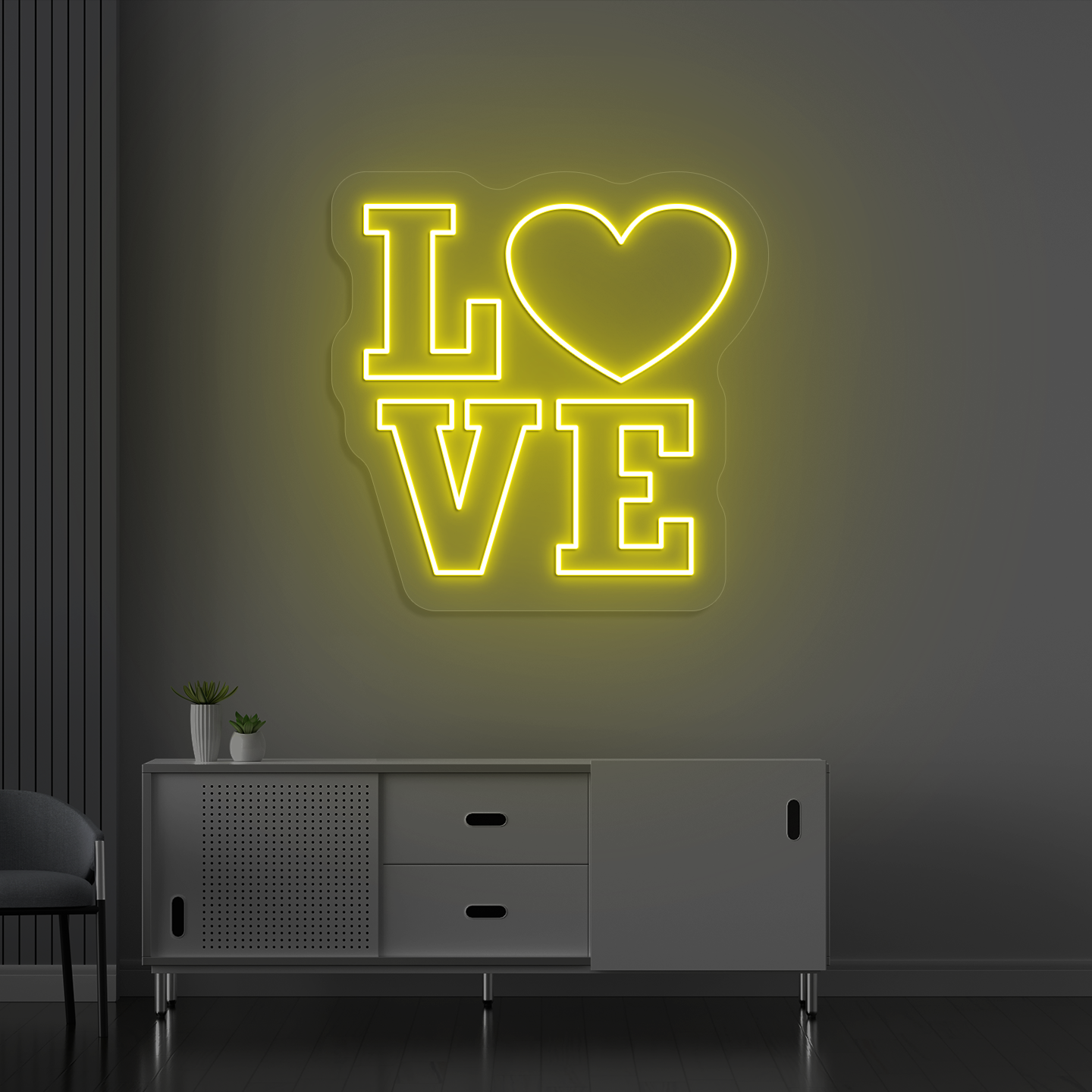 Romantic yellow LED love neon sign glowing on a wall.