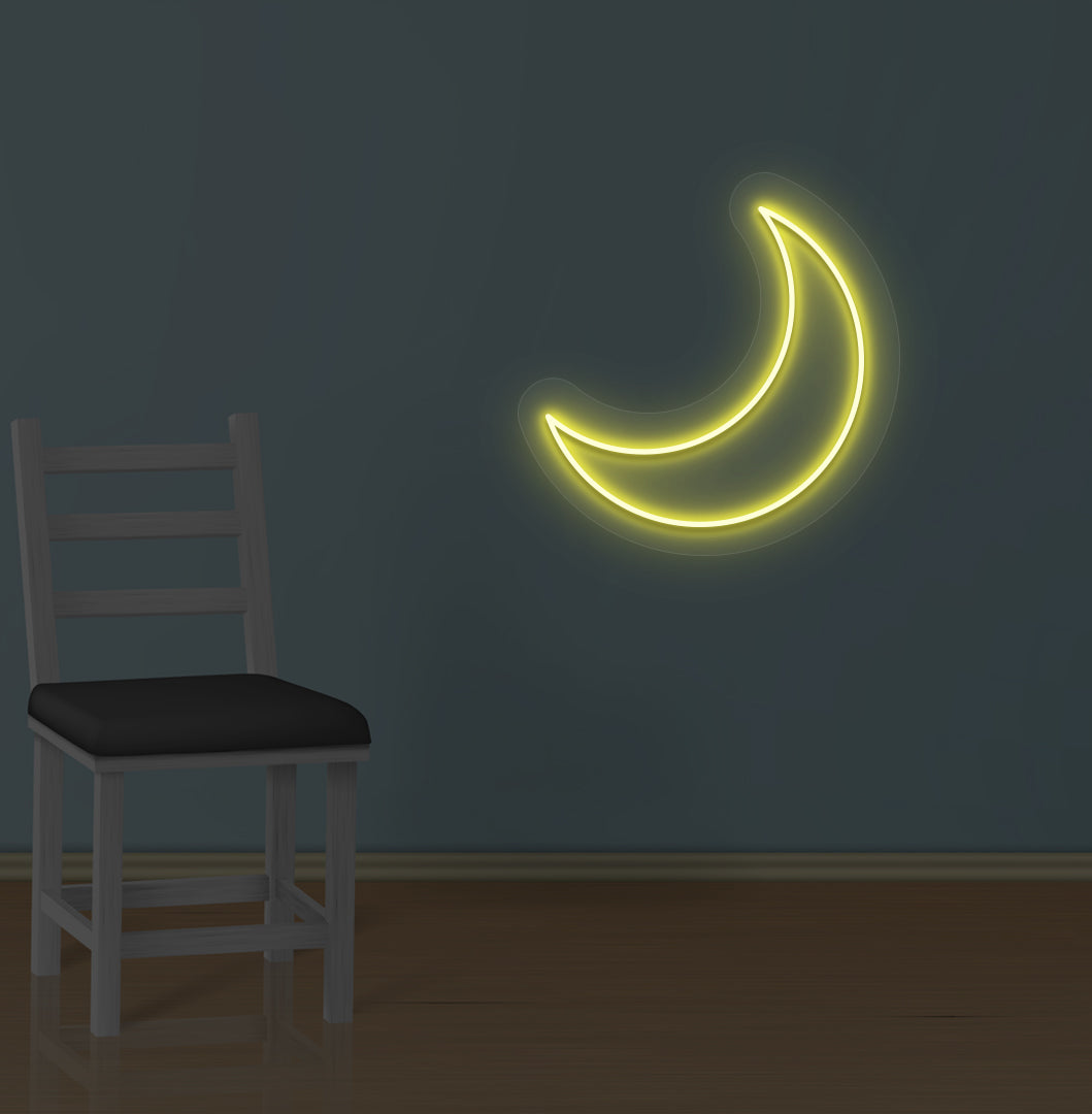 Dreamy wall decor with a moon LED neon sign glowing yellow.