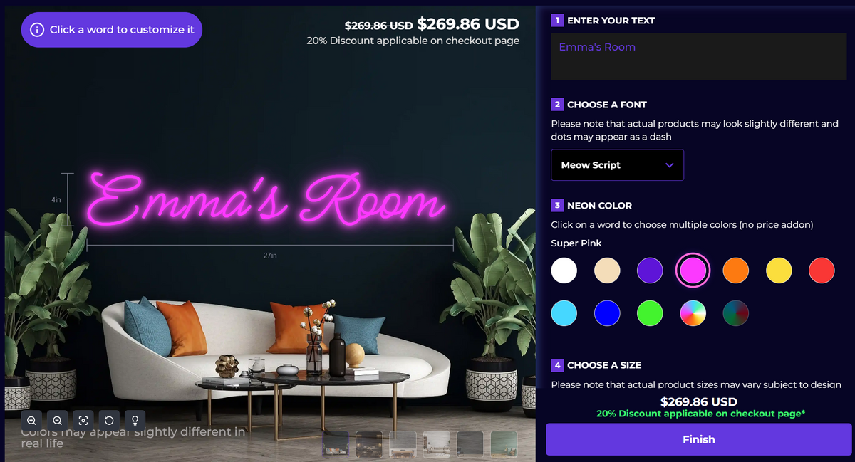 Screenshot of the Neon customizer tool - to create text based custom neon signs.