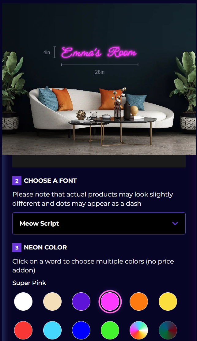 Image showing mobile screenshot of the Neon customizer tool to create text based custom neon signs