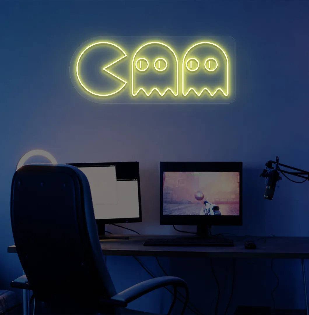 Yellow Pacman LED neon sign for arcade-themed room decor.