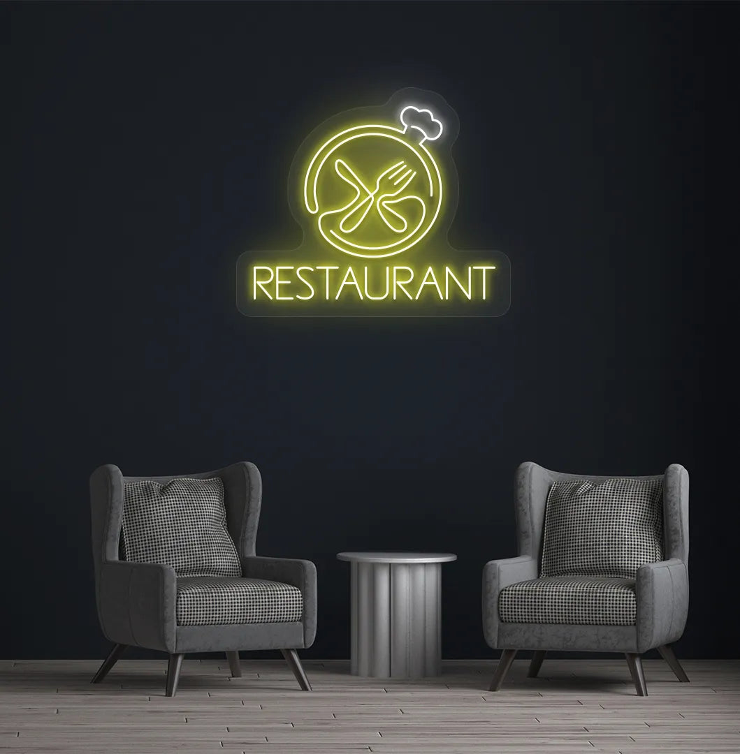 Modern restaurant wall with restaurant neon sign glowing yellow