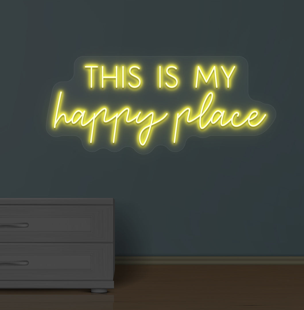 Stylish yellow LED this is my happy place neon sign mounted on wall.