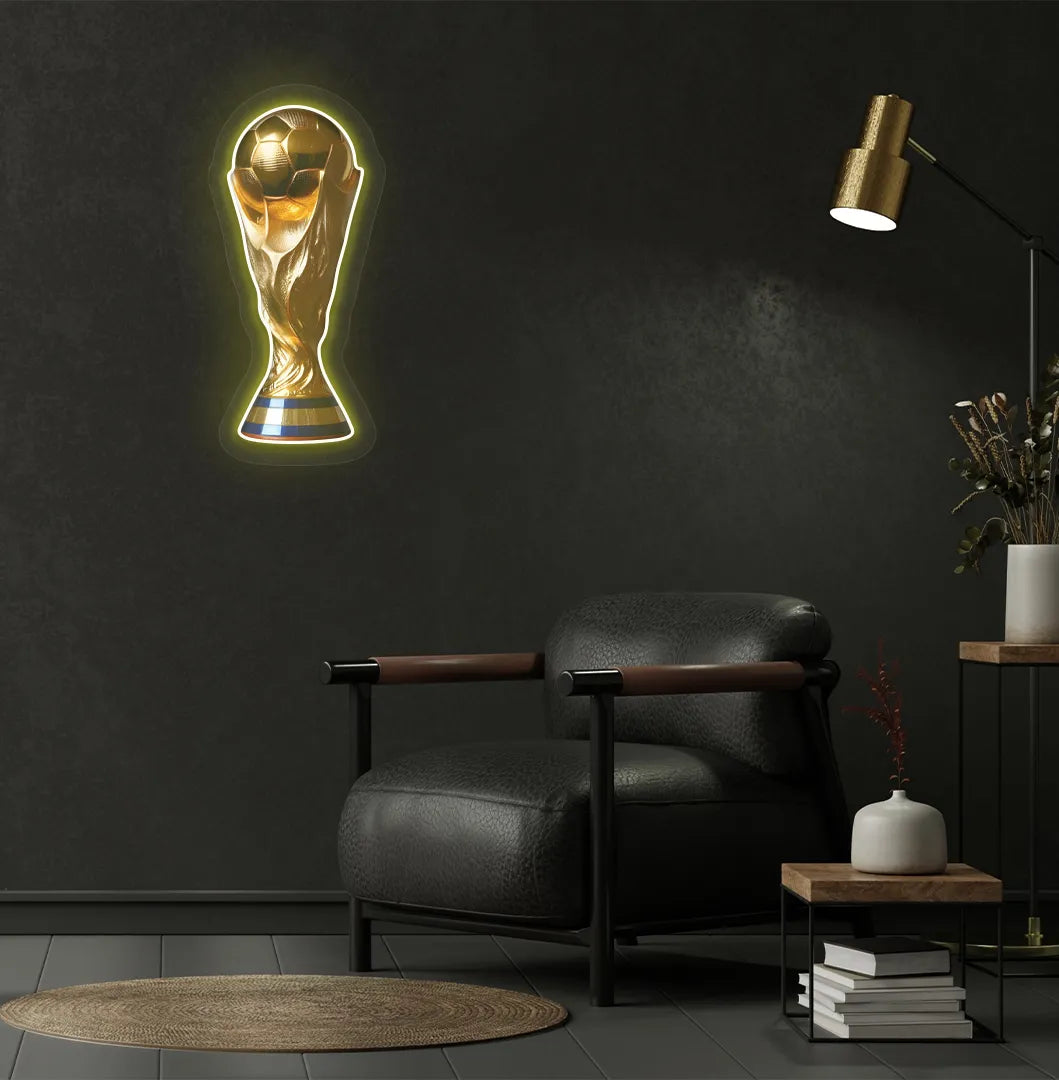 Modern sports-themed wall with trophy neon sign glowing yellow.