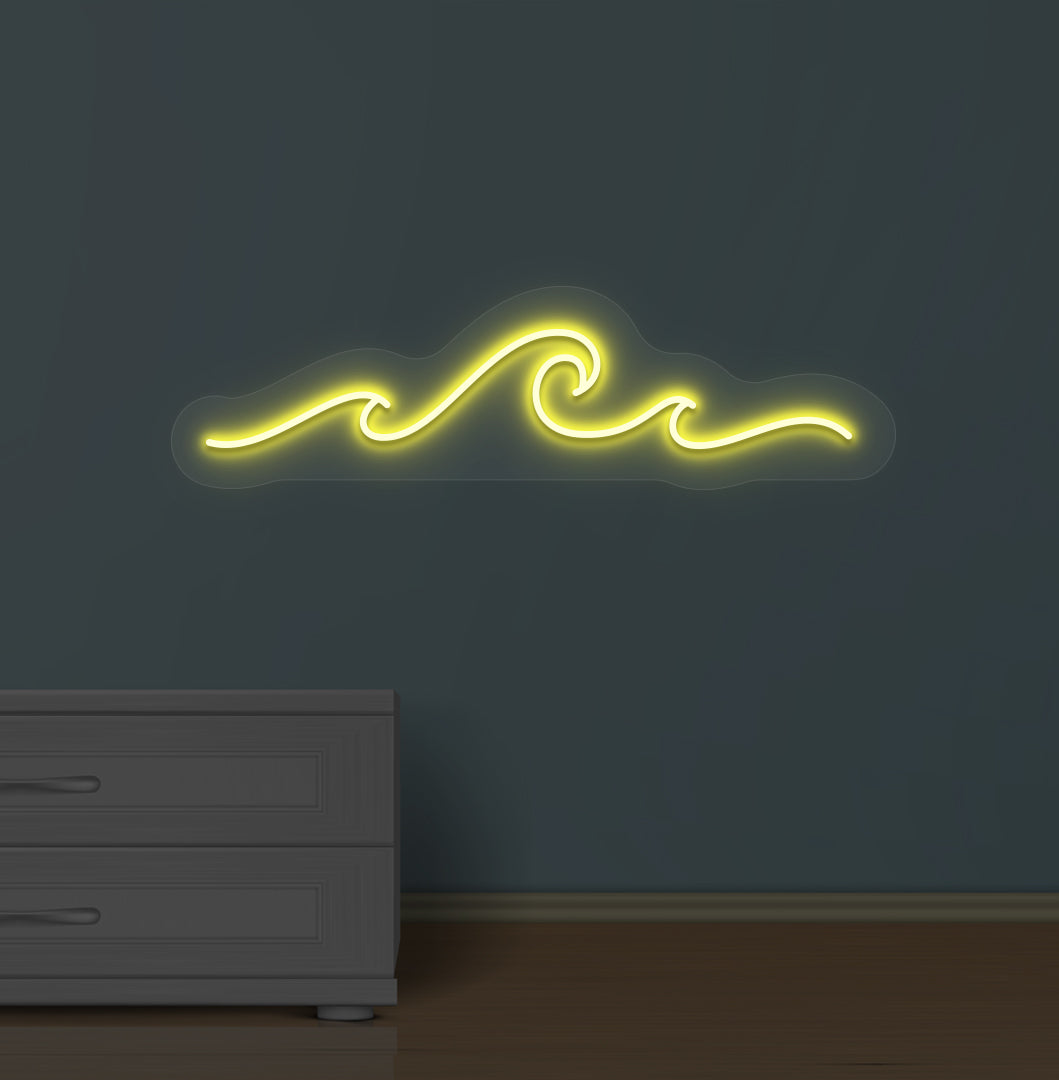 A stylish yellow LED wave neon sign in blue mounted on the wall.