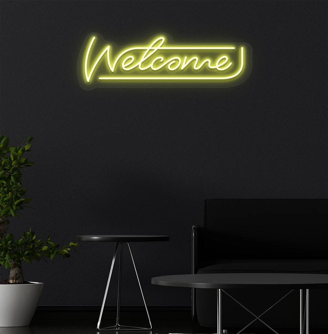 Welcome neon sign glowing yellow on aesthetic wall. Perfect for home entrances, cafés & restaurants, shops, storefronts, event décor & parties, and reception areas.