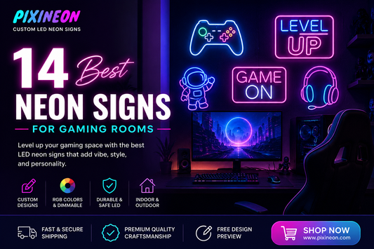 14 Best Neon Signs for Gaming Rooms featuring Game On, Arcade, Gamer, and LED gaming neon signs by PixiNeon