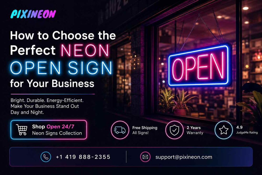 Premium LED neon open sign for business displayed on a modern storefront with PixiNeon branding and business signage guide