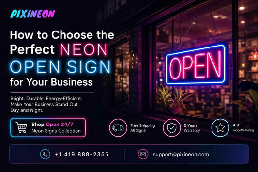 Premium LED neon open sign for business displayed on a modern storefront with PixiNeon branding and business signage guide