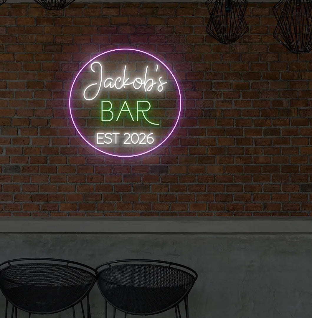 Custom Bar Name EST neon sign in white color mounted on aesthetic wall.