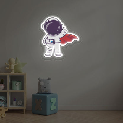 Playroom wall decor with a white LED astronaut flying neon sign. Perfect for kids’ rooms, nurseries, playrooms, space-themed interiors, and bedroom wall décor.