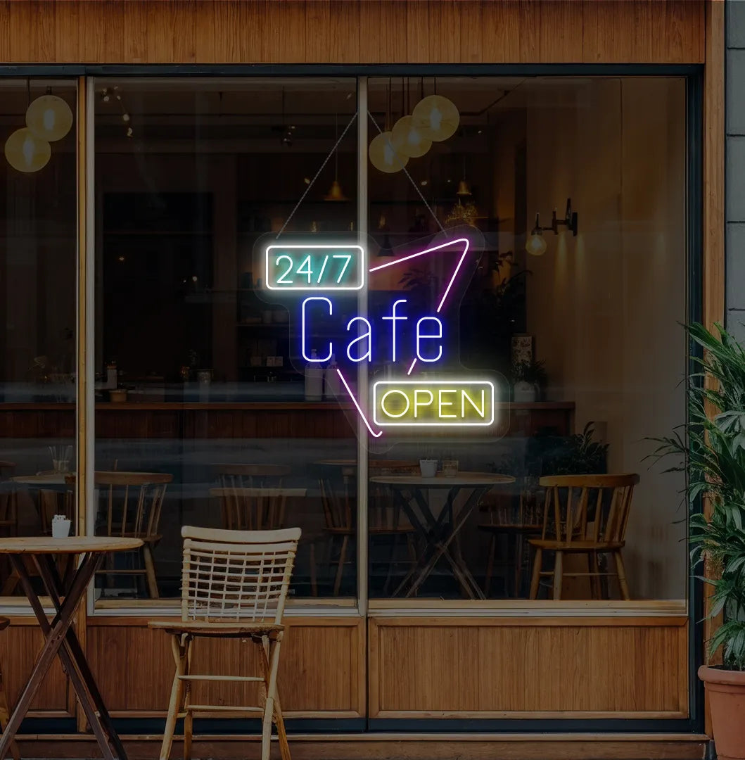 Image of a stylish 24/7 cafe open neon signin blue mounted on cafe wall.