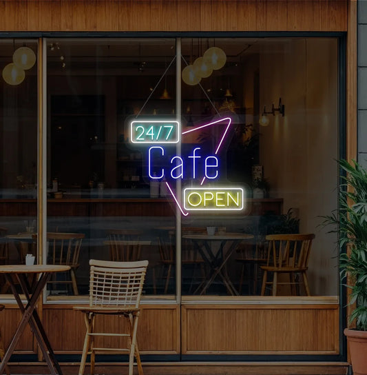 Image of a stylish 24/7 cafe open neon signin blue mounted on cafe wall.