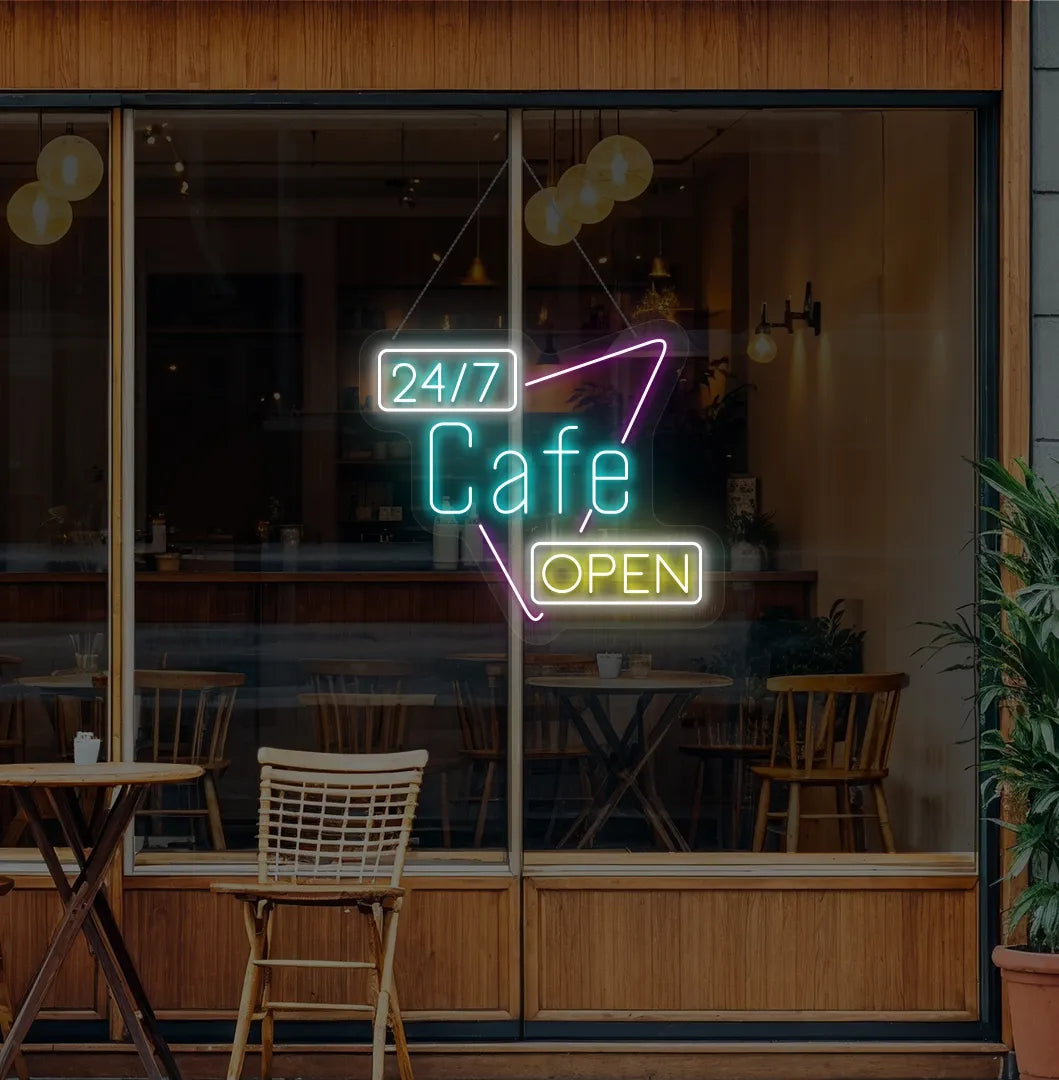 Image of a stylish 24/7 cafe open neon sign in ice blue mounted on cafe wall.