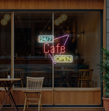 Image of a stylish 24/7 cafe open neon sign in red mounted on cafe wall.