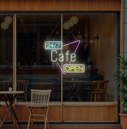 Trendy 24/7 cafe open neon sign in warm white mounted on coffee shop wall.