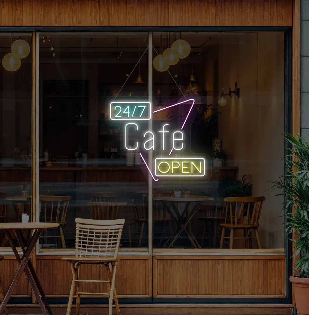Image of a stylish 24/7 cafe open neon sign in white mounted on cafe wall.