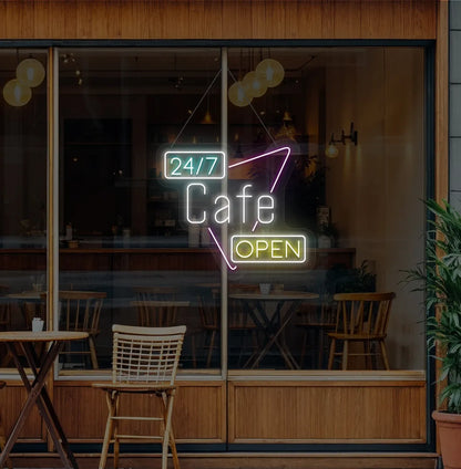 Image of a stylish 24/7 cafe open neon sign in white mounted on cafe wall.