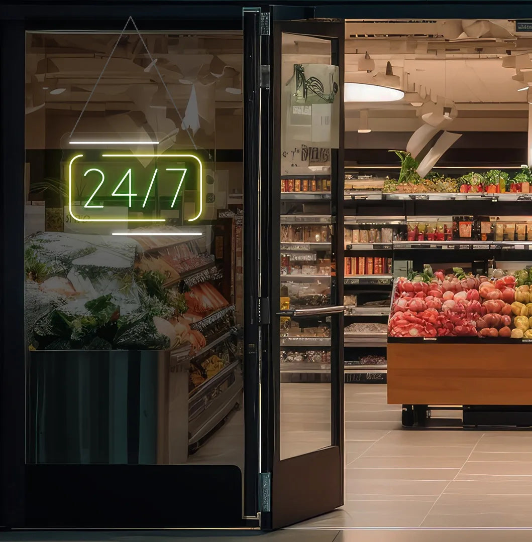 Bright green 24 7 LED neon sign hanging on a supermarket glass door.
